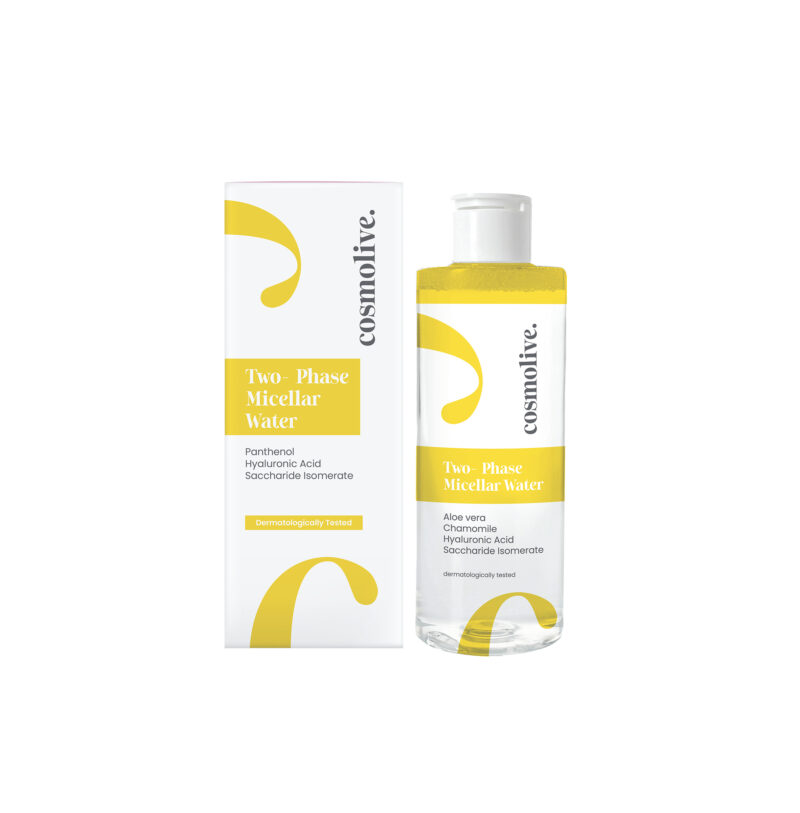 Двуфазната мицеларна вода Cosmolive почиства ефективно грим, замърсявания и излишен себум, без да изсушава кожата. Формулата с лайка и бял хиалурон успокоява, хидратира и оставя кожата свежа, мека и комфортна още след първата употреба.