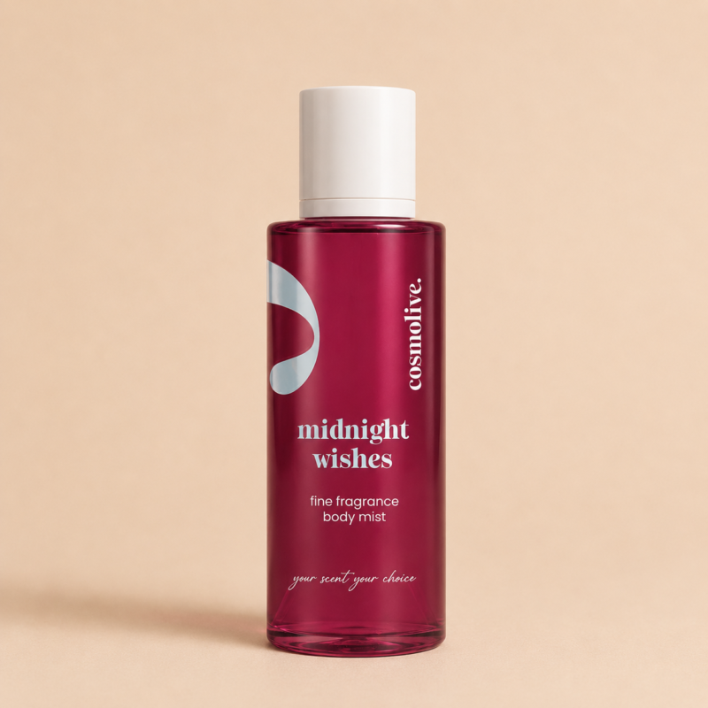 Червен Cosmolive Midnight Wishes body mist 250 мл с елегантен минималистичен дизайн и модерен дълготраен аромат за ежедневна свежест и специални моменти.